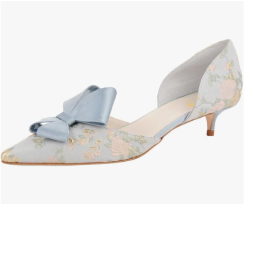 XYD Light Blue Floral Bow Kitten Heel Pump